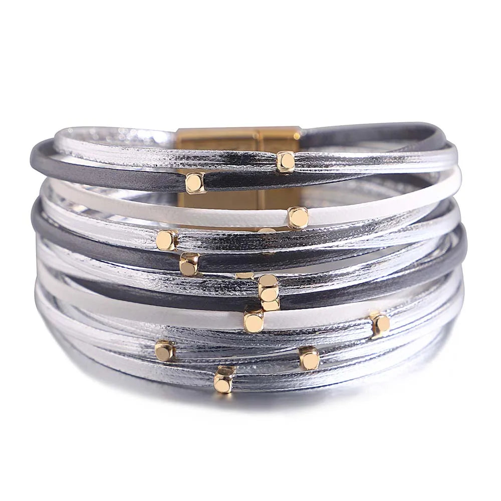 ALLYES Metal Beads Genuine Leather Bracelets For Women Men Fashion Slim Strips Boho Multilayer Wide Wrap Bracelet Femme Jewelry