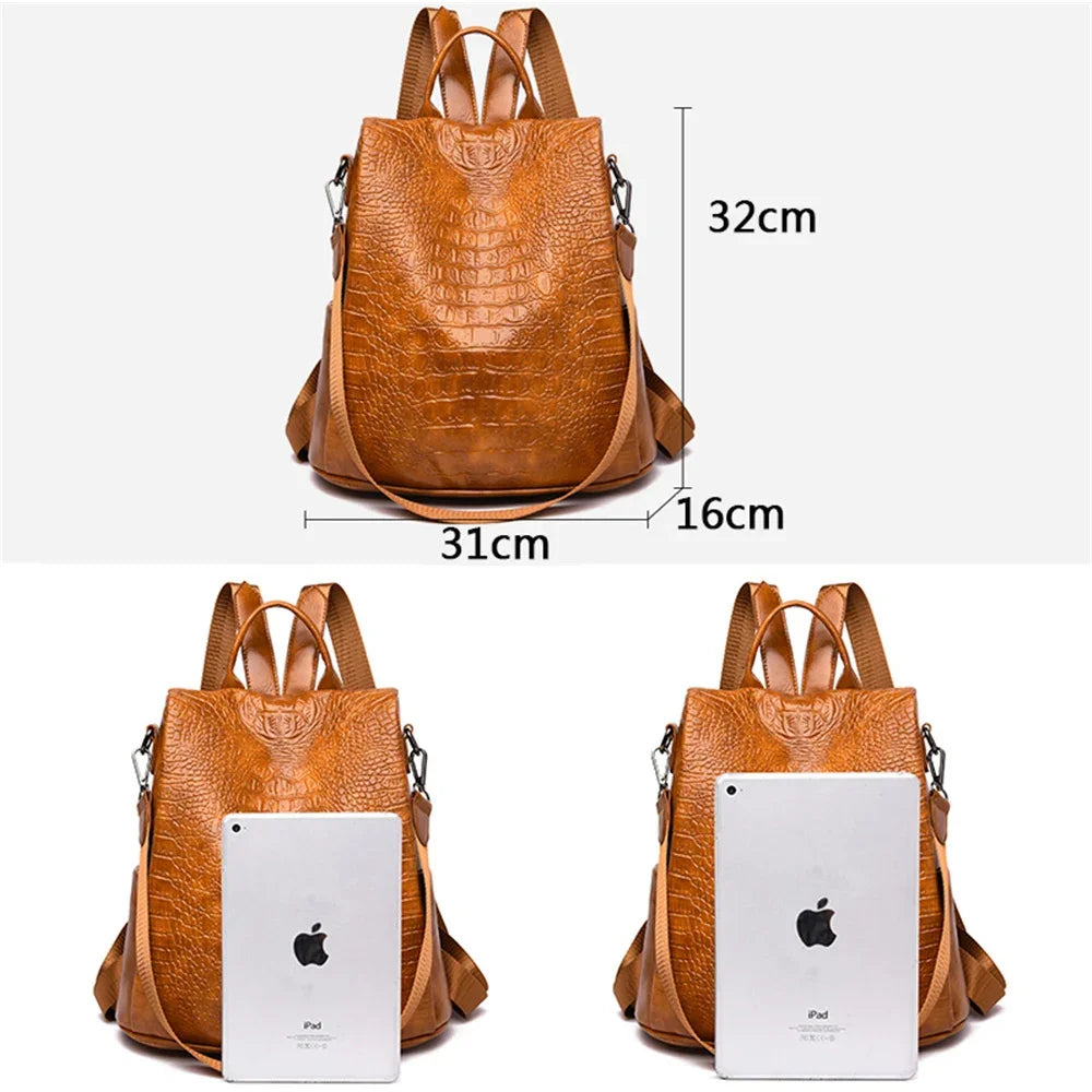 Female Backpack Women Crocodile Pattern Real Pu Leather Anti-Theft Backpack Travel Back Pack Women Shoulder Bags Sac A Dos Femme