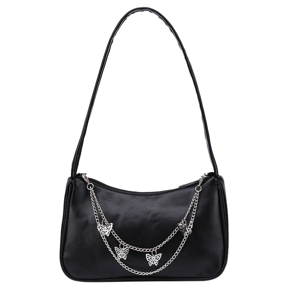 Stylish Butterfly Chain Shoulder Shopping Bags Women Small Pure Color Handbags Daily PU Leather Underarm Bags