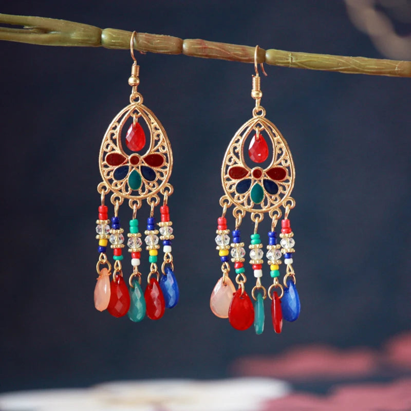 Ethnic Long Acrylic Water Drop Earrings for Women Retro Boho Gold Color Hollow Tassel Earrings Bijoux Femme Accessories