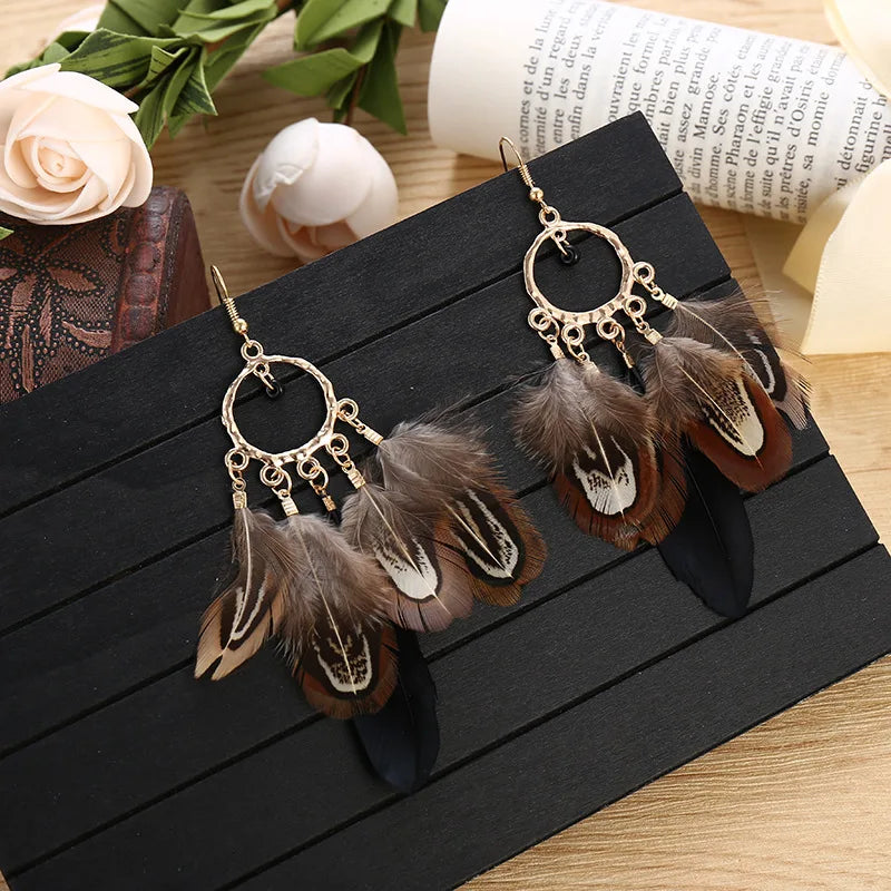 Bohemian Ethnic Purple Feather Earrings for Women Creative Simple Round Beads Gold Color Metal Dangle Earrings Boho Bijoux Femme