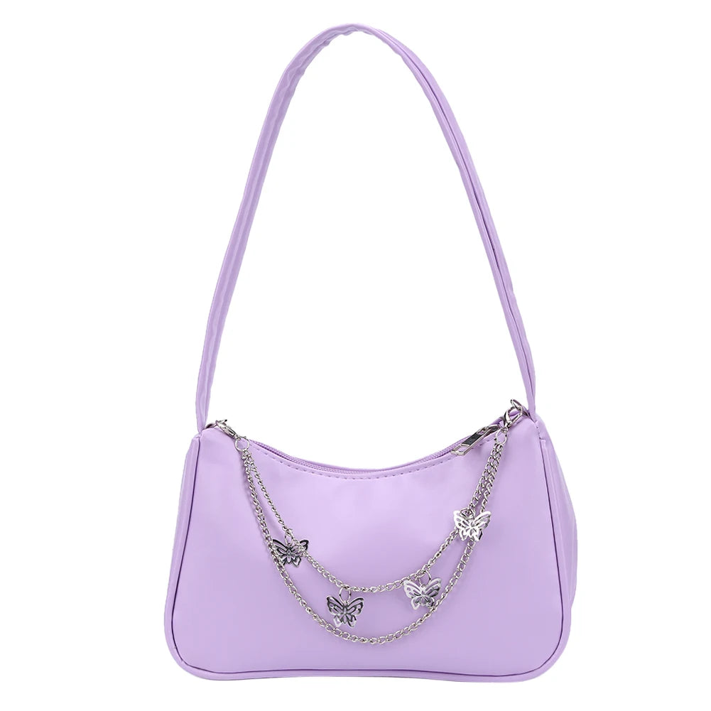 Stylish Butterfly Chain Shoulder Shopping Bags Women Small Pure Color Handbags Daily PU Leather Underarm Bags