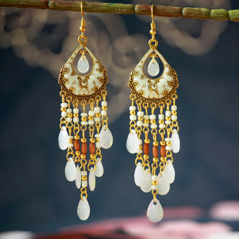 Ethnic Long Acrylic Water Drop Earrings for Women Retro Boho Gold Color Hollow Tassel Earrings Bijoux Femme Accessories