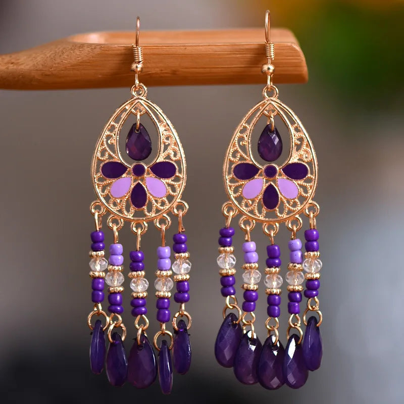 Ethnic Long Acrylic Water Drop Earrings for Women Retro Boho Gold Color Hollow Tassel Earrings Bijoux Femme Accessories