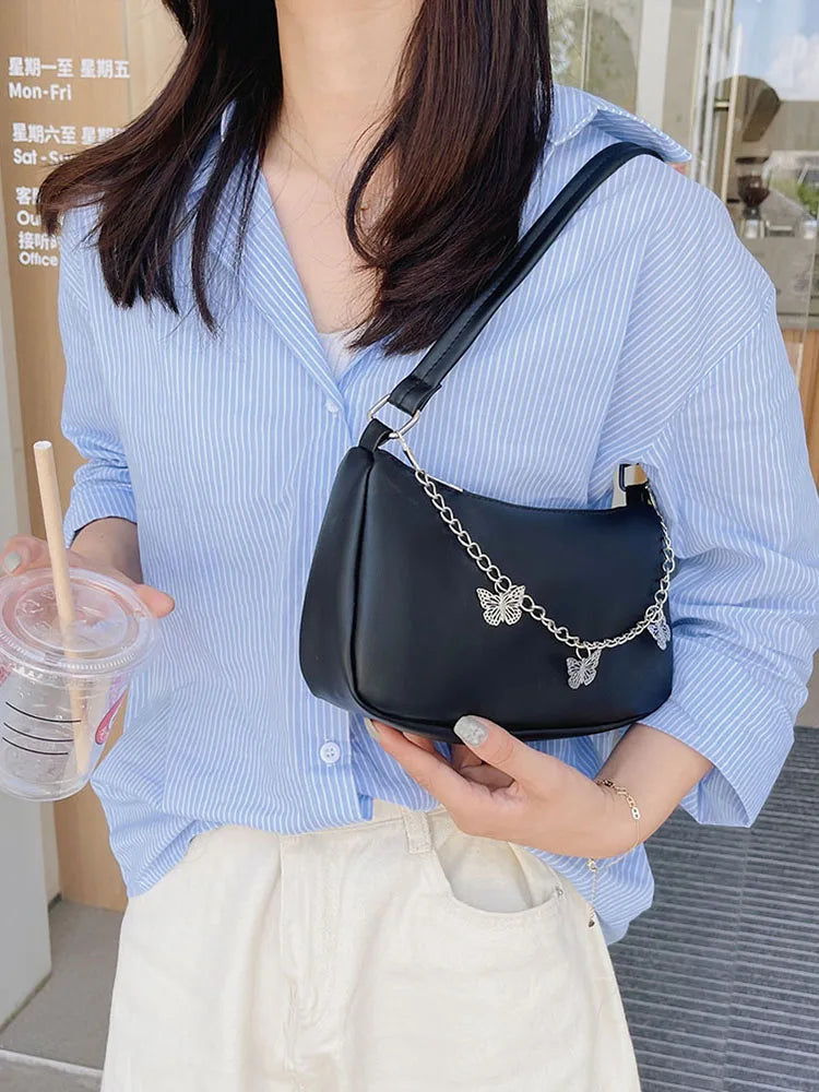 Stylish Butterfly Chain Shoulder Shopping Bags Women Small Pure Color Handbags Daily PU Leather Underarm Bags