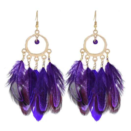 Bohemian Ethnic Purple Feather Earrings for Women Creative Simple Round Beads Gold Color Metal Dangle Earrings Boho Bijoux Femme