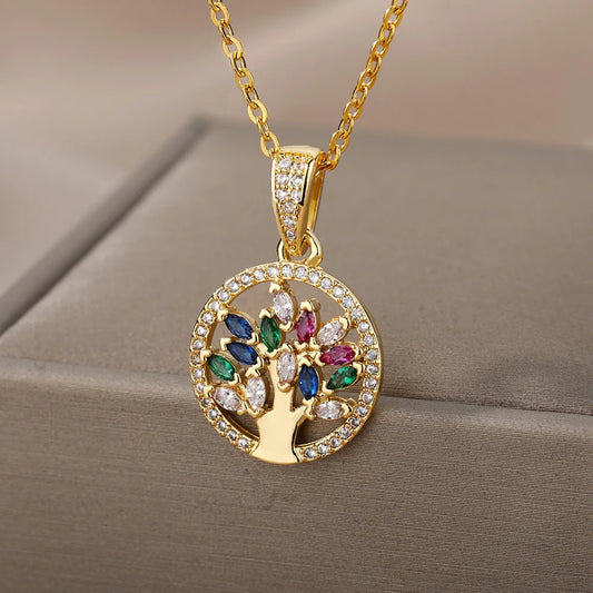 Wishing Tree of Life Pendant Necklace for Women Gold Color Stainless Steel Chain Necklace Vintage Aesthetic Luxury Jewelry Gift