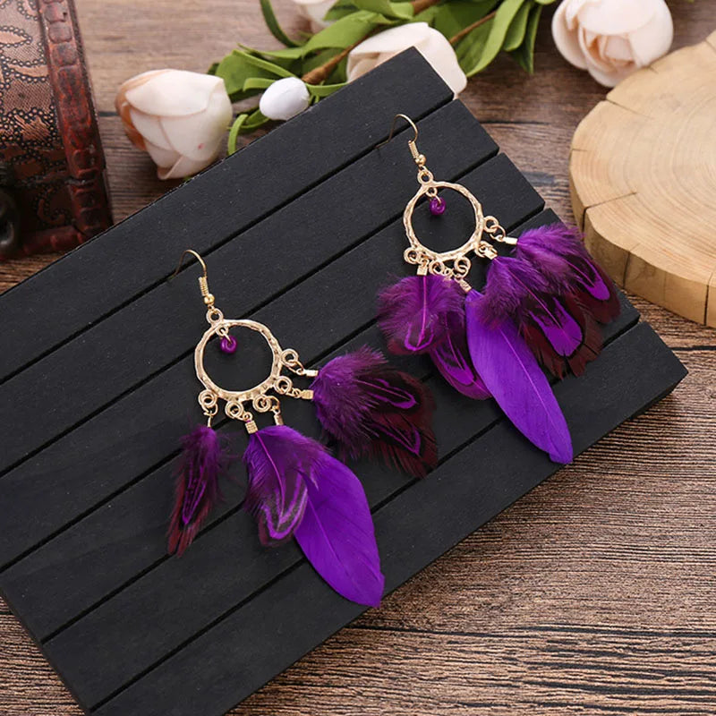 Bohemian Ethnic Purple Feather Earrings for Women Creative Simple Round Beads Gold Color Metal Dangle Earrings Boho Bijoux Femme