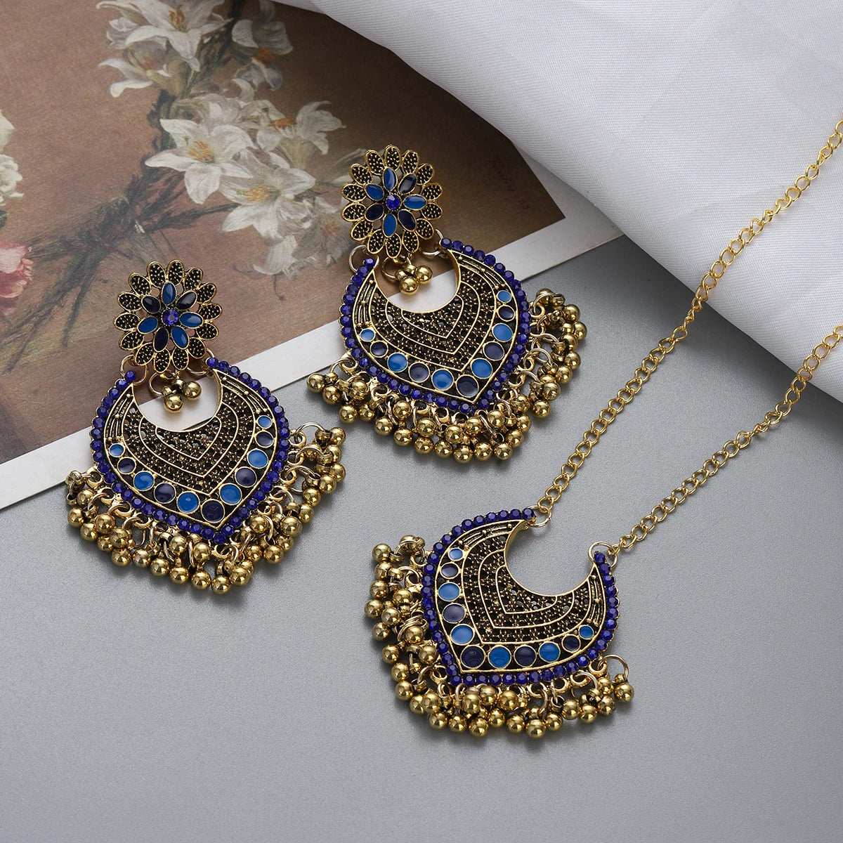 Boho Heart Shaped Geometric Jewelry Set Women's Luxury Blue Crystal Flowers Beads Tassel Earrings Sets Wedding Accessoires Femme