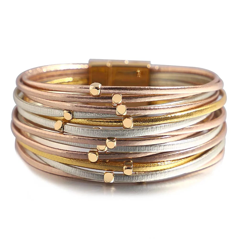 ALLYES Metal Beads Genuine Leather Bracelets For Women Men Fashion Slim Strips Boho Multilayer Wide Wrap Bracelet Femme Jewelry