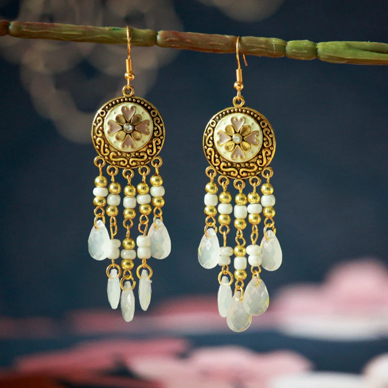 Ethnic Long Acrylic Water Drop Earrings for Women Retro Boho Gold Color Hollow Tassel Earrings Bijoux Femme Accessories