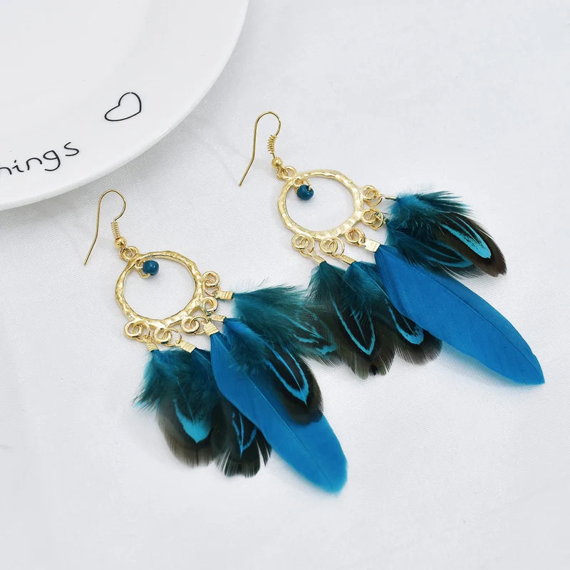 Bohemian Ethnic Purple Feather Earrings for Women Creative Simple Round Beads Gold Color Metal Dangle Earrings Boho Bijoux Femme