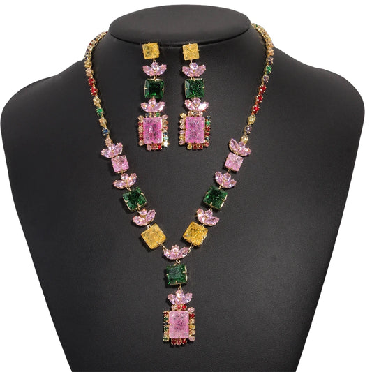 FARLENA Luxury Real Gold Plated Colorful CZ Jewelry Sets for Women Elegant Women's Necklace and Earring Set Accessoires Femme