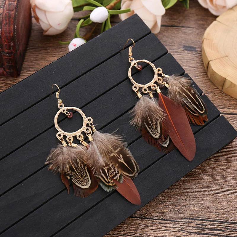 Bohemian Ethnic Purple Feather Earrings for Women Creative Simple Round Beads Gold Color Metal Dangle Earrings Boho Bijoux Femme