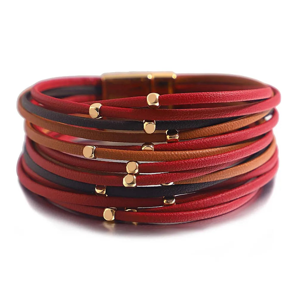 ALLYES Metal Beads Genuine Leather Bracelets For Women Men Fashion Slim Strips Boho Multilayer Wide Wrap Bracelet Femme Jewelry