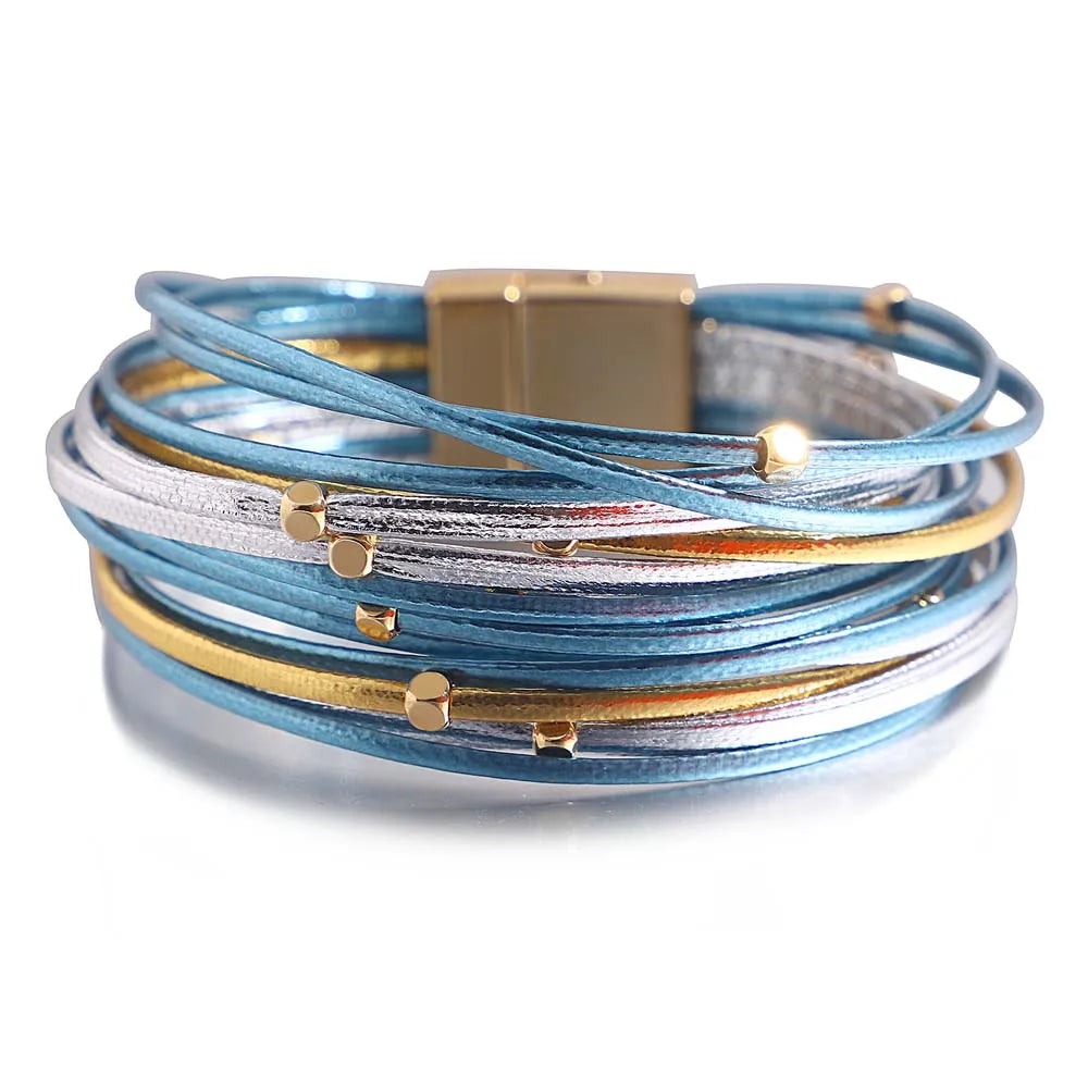 ALLYES Metal Beads Genuine Leather Bracelets For Women Men Fashion Slim Strips Boho Multilayer Wide Wrap Bracelet Femme Jewelry